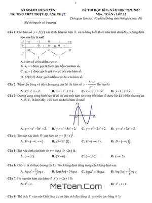 Đề thi HK1 Toán 12 năm 2021 - 2022 trường THPT Triệu Quang Phục - Hưng Yên