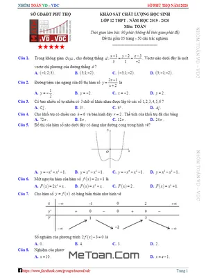 Đề KSCL Toán 12 năm 2019 - 2020 sở GD&ĐT Phú Thọ - Mã đề 593