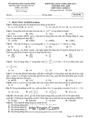 Đề thi HK1 Toán 11 năm 2019 - 2020 trường Nguyễn Trung Thiên - Hà Tĩnh có đáp án