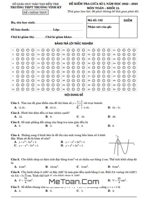 Đề thi giữa kì 1 Toán 12 năm 2022 – 2023 trường THPT Trương Vĩnh Ký – Bến Tre