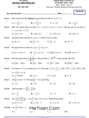 Đề thi thử Toán 12 cuối kỳ 2 năm 2022 - 2023 trường THPT Đông Hà - Quảng Trị