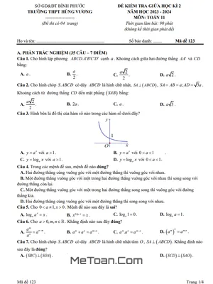 Đề Thi Giữa Học Kì 2 Môn Toán Lớp 11 Năm 2023 - 2024 Trường THPT Hùng Vương - Bình Phước
