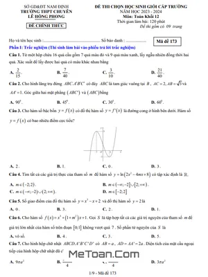 Đề thi học sinh giỏi Toán 12 năm 2023 - 2024 trường chuyên Lê Hồng Phong - Nam Định
