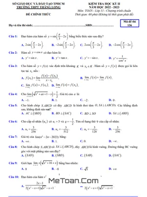 Đề thi học kỳ 2 môn Toán lớp 11 năm 2022 - 2023 trường THPT Thăng Long - TP.HCM