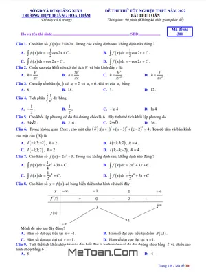 Đề thi thử Toán TN THPT 2022 trường THPT Hoàng Hoa Thám – Quảng Ninh