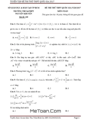 Đề thi thử THPT Quốc gia 2017 môn Toán trường Nguyễn Khuyến - TP. HCM (lần 1) có đáp án