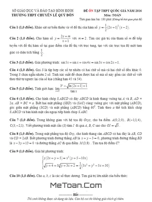Đề thi thử THPT Quốc gia môn Toán năm 2016 trường Lê Quý Đôn - Bình Định