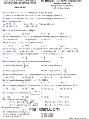 Đề KSCL Lần 2 Toán 10 Năm 2020 - 2021 Trường THPT Nguyễn Viết Xuân - Vĩnh Phúc