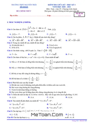 Đề thi giữa HK1 Toán 10 năm 2020 - 2021 trường THPT Nguyễn Trãi - Quảng Nam
