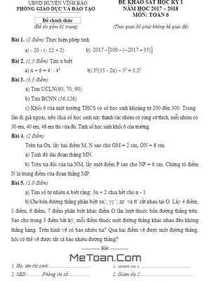 Đề thi HK1 Toán 6 năm học 2017 - 2018 phòng GD&ĐT Vĩnh Bảo - Hải Phòng (có lời giải)