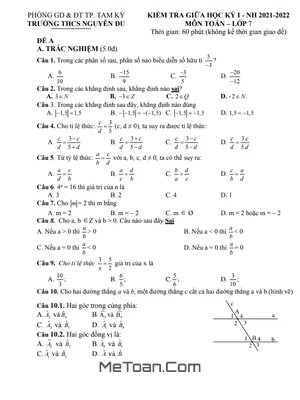 Đề thi giữa học kỳ 1 Toán 7 năm 2021 - 2022 trường THCS Nguyễn Du - Quảng Nam