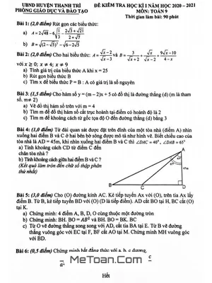 Đề thi HK1 Toán 9 năm 2020 - 2021 phòng GD&ĐT Thanh Trì - Hà Nội
