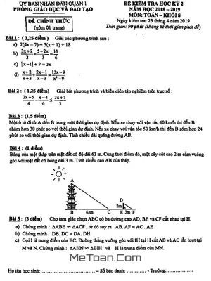 Đề thi học kỳ 2 Toán 8 năm 2018 - 2019 phòng GD&ĐT Quận 1 - TP HCM