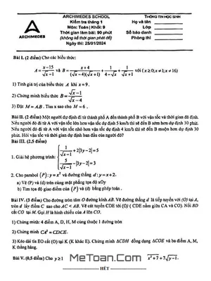 Đề kiểm tra Toán 9 tháng 1 năm 2024 hệ thống giáo dục Archimedes School – Hà Nội