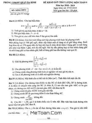 Đề khảo sát chất lượng Toán 9 năm 2018 - 2019 phòng GD&ĐT Ba Đình - Hà Nội