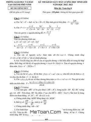 Đề thi học sinh giỏi Toán 8 năm 2022 - 2023 phòng GD&ĐT thành phố Vinh - Nghệ An