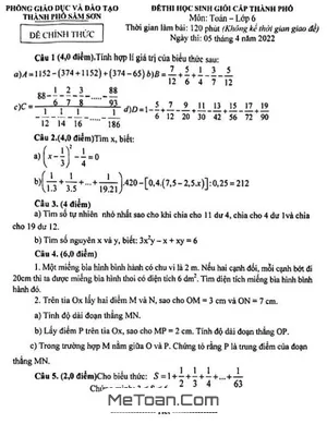 Đề thi học sinh giỏi Toán 6 năm 2021 - 2022 phòng GD&ĐT Sầm Sơn, Thanh Hóa