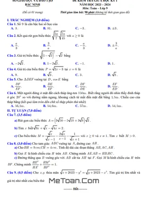 Đề kiểm tra giữa kỳ 1 Toán 9 năm 2023 - 2024 sở GD&ĐT Bắc Ninh