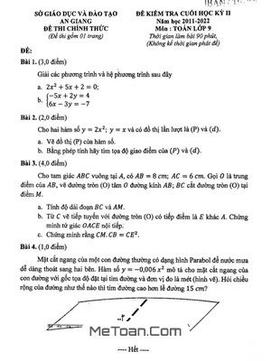 Đề kiểm tra cuối kỳ 2 Toán 9 năm 2021 - 2022 sở GD&ĐT An Giang