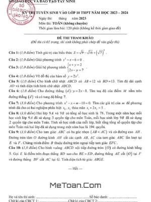 Đề Tham Khảo Tuyển Sinh Lớp 10 Môn Toán Năm 2023 - 2024 Sở GD&ĐT Tây Ninh