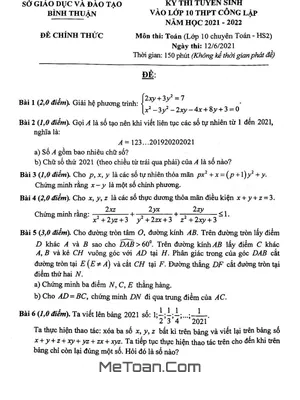 Đề thi Tuyển sinh Lớp 10 Môn Toán (Chuyên) Năm 2021 - 2022 Sở GD&ĐT Bình Thuận