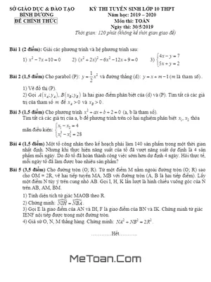 Đề thi tuyển sinh lớp 10 môn Toán Sở GD&ĐT Bình Dương năm học 2019 - 2020