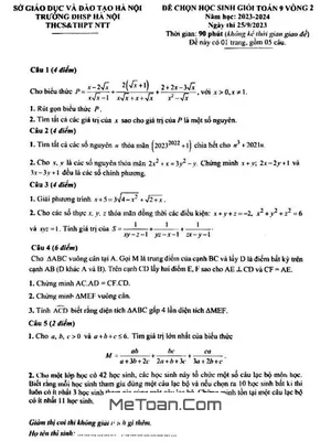 Đề thi chọn HSG Toán 9 vòng 2 năm 2023 - 2024 trường Nguyễn Tất Thành - Hà Nội