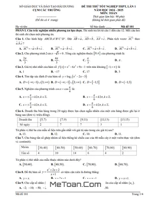 Đề thi thử Toán tốt nghiệp THPT 2025 lần 1 cụm các trường THPT - Hải Dương