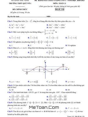 Đề khảo sát chất lượng Toán 11 lần 1 năm 2020 - 2021 trường Quế Võ 1 - Bắc Ninh