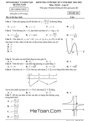 Đề kiểm tra cuối kỳ 1 Toán 12 năm 2021 - 2022 Sở GD&ĐT Quảng Nam
