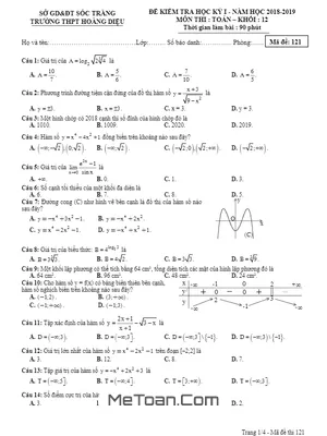 Đề thi học kỳ 1 Toán 12 năm 2018 - 2019 trường THPT Hoàng Diệu - Sóc Trăng (có đáp án)