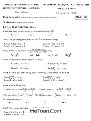 Đề Thi Giữa Học Kì 1 Toán 11 Năm 2023 - 2024 Trường THPT Trần Phú - Hà Nội