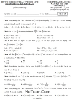 Đề thi giữa kì 2 Toán 12 năm 2023 - 2024 trường THPT Thực hành ĐHSP TP.HCM