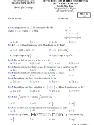 Đề KSCL Toán 12 thi TN THPT 2020 trường THPT chuyên Đại học Vinh – Nghệ An