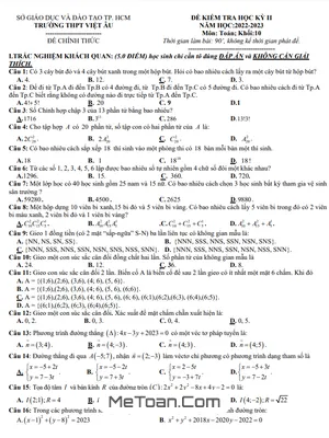 Đề thi học kỳ 2 môn Toán lớp 10 năm 2022 - 2023 trường THPT Việt Âu - TP.HCM (có đáp án)
