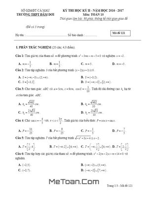Đề thi HK2 Toán 10 năm 2016 - 2017 trường THPT Đầm Dơi - Cà Mau (Có đáp án)