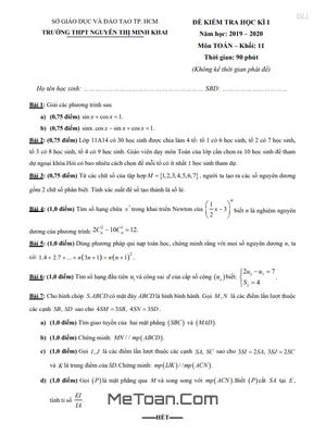 Đề thi HK1 Toán 11 năm 2019 - 2020 trường THPT Nguyễn Thị Minh Khai - TP HCM