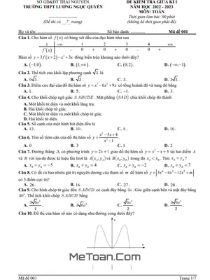 Đề Thi Giữa Kỳ 1 Toán 12 Năm 2022 - 2023 THPT Lương Ngọc Quyến - Thái Nguyên
