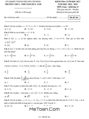 Đề thi học kì 2 Toán 12 năm 2022 - 2023 trường Đào Duy Anh - TP HCM