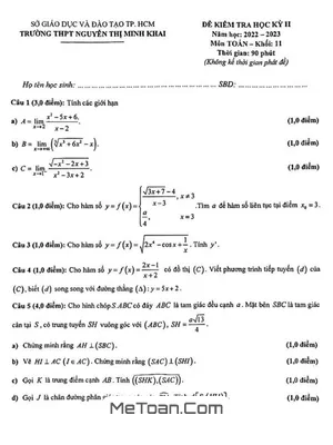 Đề thi học kỳ 2 Toán 11 năm 2022 - 2023 trường THPT Nguyễn Thị Minh Khai - TP HCM