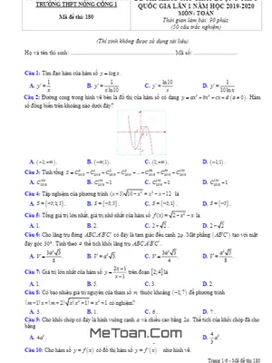 Đề KSCL Toán THPT Quốc gia 2020 lần 1 trường Nông Cống 1 - Thanh Hóa
