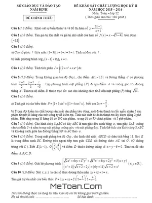 Đề Thi Thử Quốc Gia 2016 Môn Toán - Sở GD & ĐT Nam Định (Có Đáp Án)