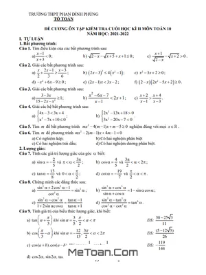 Đề Cương Ôn Tập Cuối Kỳ 2 Toán 10 Năm 2021 - 2022 Trường THPT Phan Đình Phùng - Quảng Bình