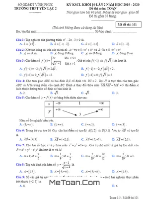 Đề KSCL Toán 10 Lần 2 Năm 2019 - 2020 Trường THPT Yên Lạc 2 - Vĩnh Phúc