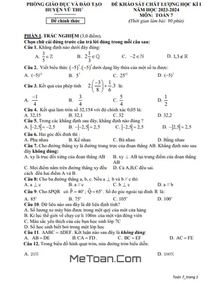 Đề thi học kì 1 Toán 7 năm 2023 - 2024 phòng GD&ĐT Vũ Thư - Thái Bình