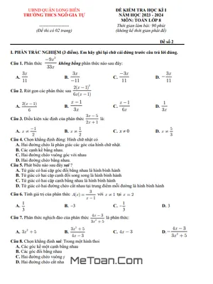 Đề Thi Cuối Kì 1 Toán 8 Năm 2023 - 2024 Trường THCS Ngô Gia Tự - Hà Nội
