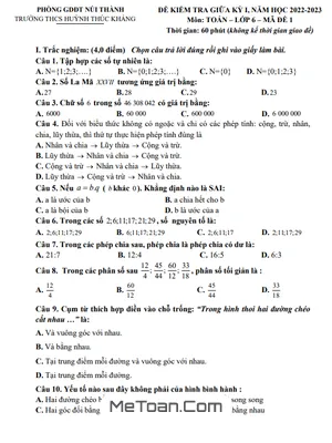 Đề thi giữa kì 1 Toán lớp 6 năm 2022 - 2023 trường THCS Huỳnh Thúc Kháng - Quảng Nam