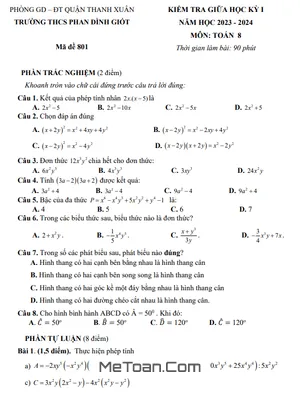 Đề Thi Giữa Kỳ 1 Toán 8 Năm 2023 - 2024 Trường THCS Phan Đình Giót - Hà Nội