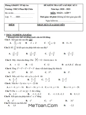Đề thi giữa kì 1 Toán lớp 7 năm 2020 - 2021 trường THCS Phan Bội Châu - Quảng Nam