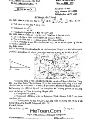 Đề thi học kì 1 Toán lớp 9 năm 2020 - 2021 phòng GD&ĐT Cầu Giấy - Hà Nội